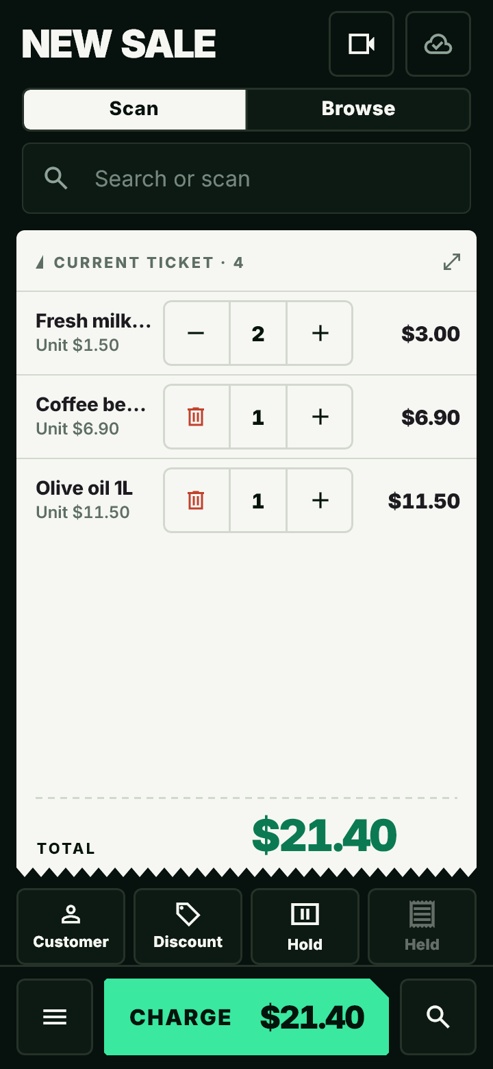Till: ticket on a receipt slip with the Charge button